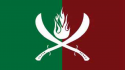 Vertical bicolor (green, red) with a pair of white crossed sabers under a white flame in the center of the flag.